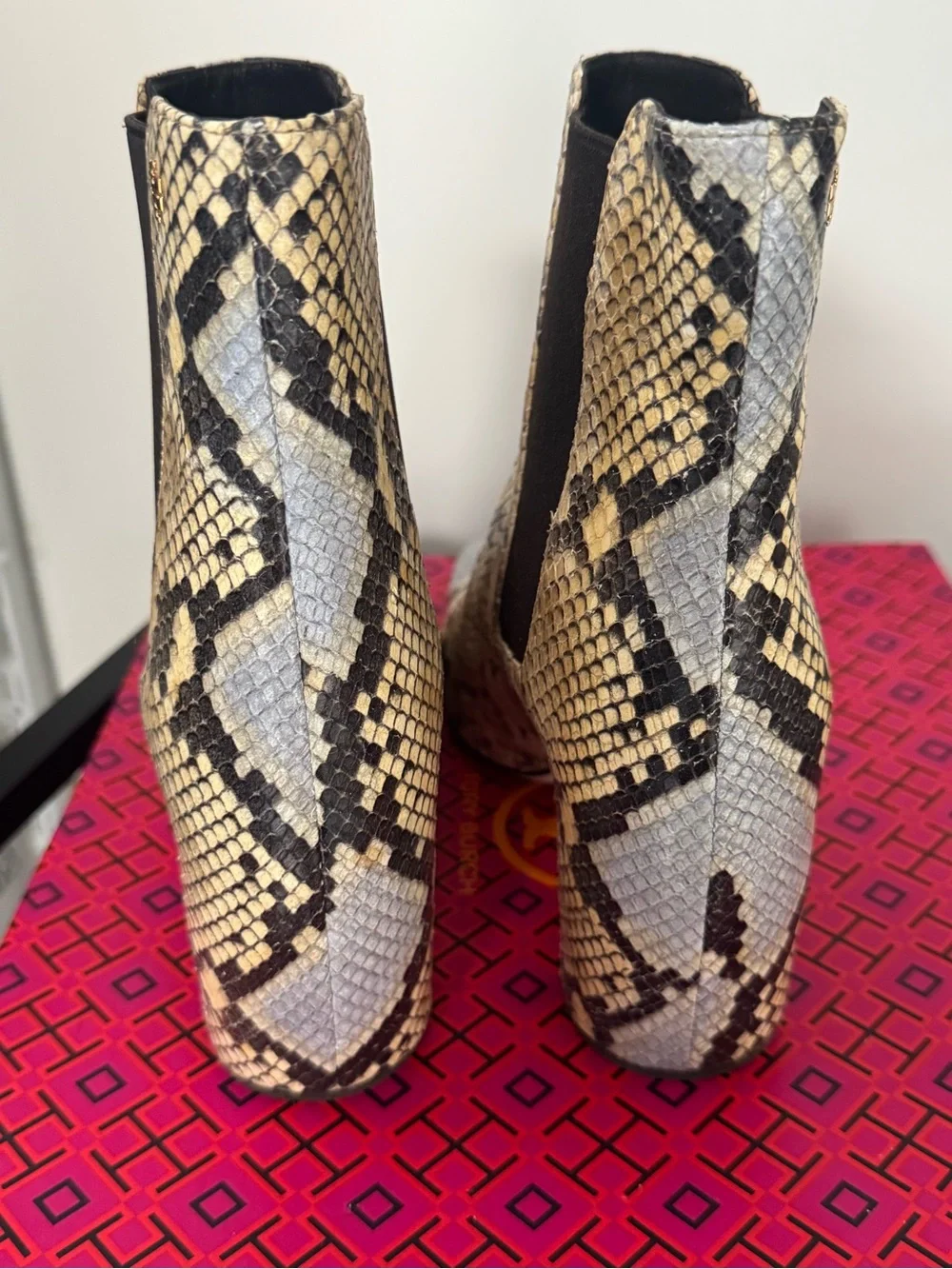 Tory Burch Snake-Print Chelsea Ankle Boots in Black and Beige